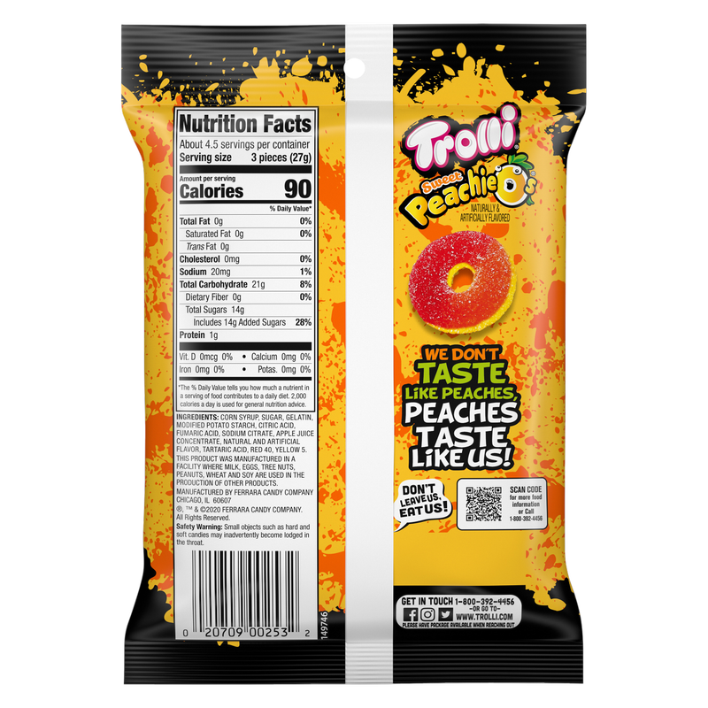 Trolli, Peachie O's Gummy Rings Candy, Sour, 4.25 oz