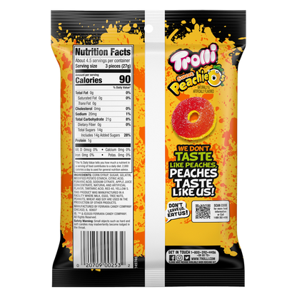 Trolli, Peachie O's Gummy Rings Candy, Sour, 4.25 oz