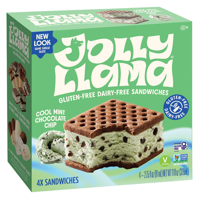 Jolly Llama Dairy-Free Gluten-Free Cool Mint Chocolate Chip Ice Cream Sandwiches, 4ct