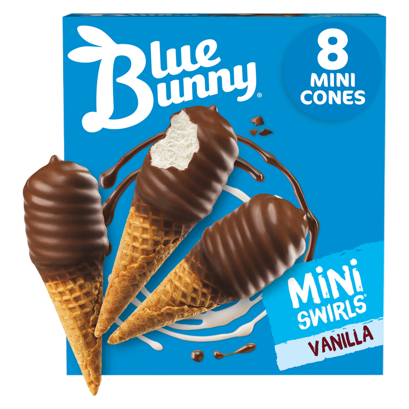 Blue Bunny Mini Swirls Vanilla Cones, Frozen Dessert, 8 Pack