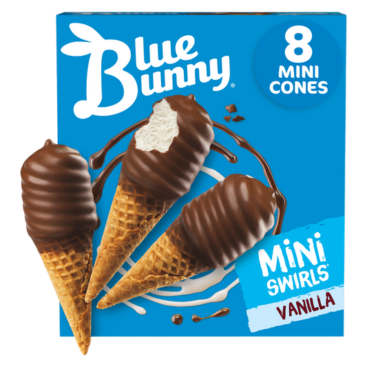 Blue Bunny Mini Swirls Vanilla Cones, Frozen Dessert, 8 Pack