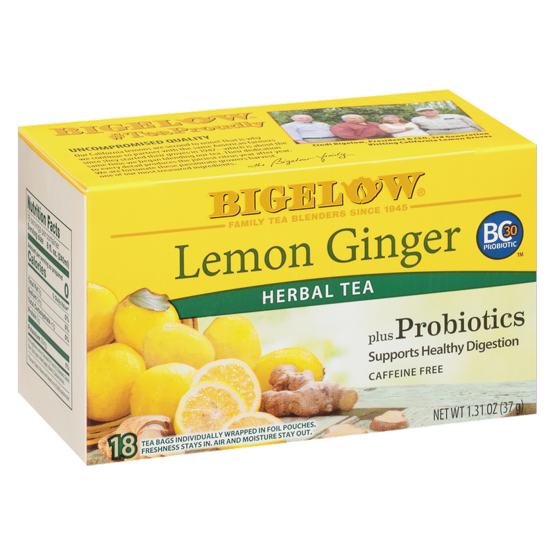 Bigelow Tea Lemon Ginger Plus Probiotic Caffeine Free Herbal Tea Bags 18ct Box