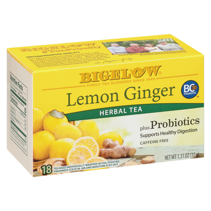 Bigelow Tea Lemon Ginger Plus Probiotic Caffeine Free Herbal Tea Bags 18ct Box