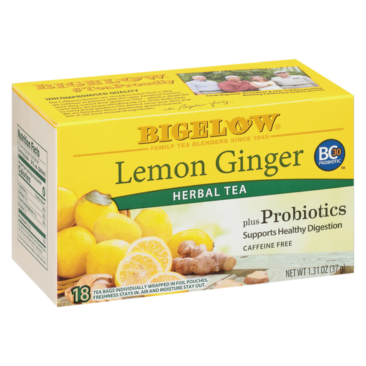 Bigelow Tea Lemon Ginger Plus Probiotic Caffeine Free Herbal Tea Bags 18ct Box