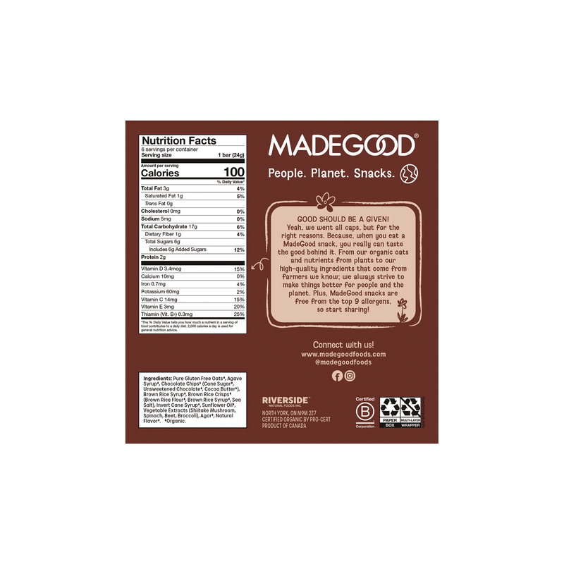 MadeGood Organic Chocolate Chip Granola Bars, 6 Count, 5.1 oz
