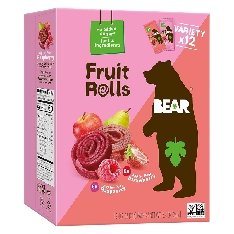 Bear Strawberry & Raspberry Fruit Rolls, 12 pack