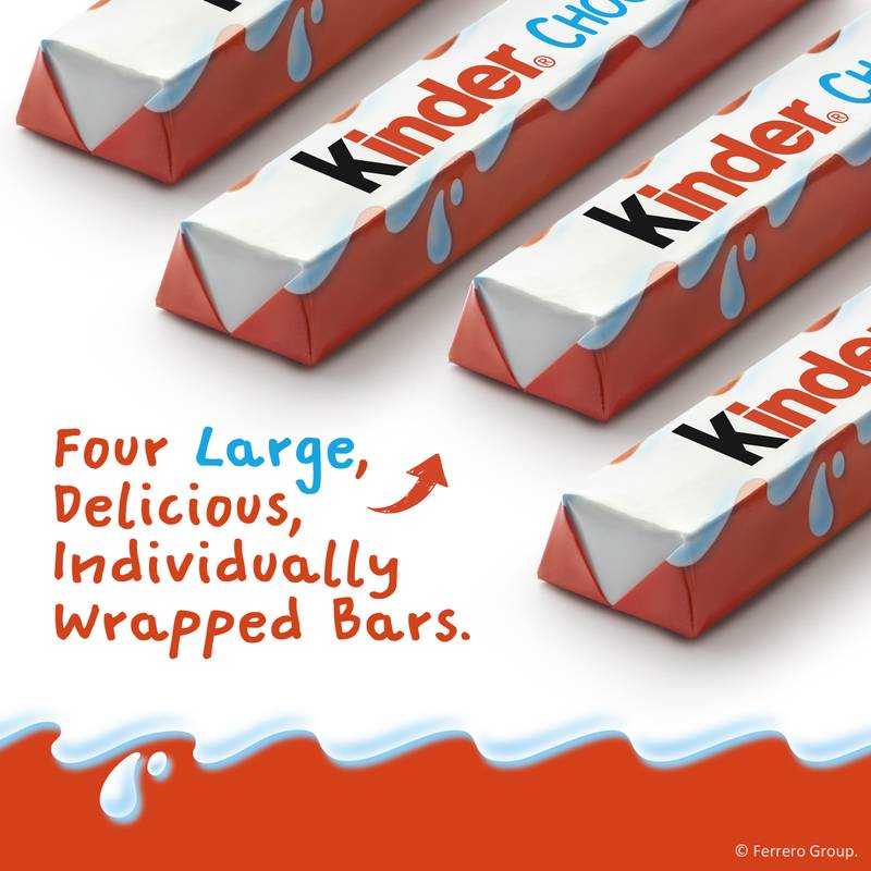 Kinder Chocolate, 4 Large Bars, Milk Chocolate Bar with Creamy Milky Filling, Individually Wrapped Candy, 3 oz Total
