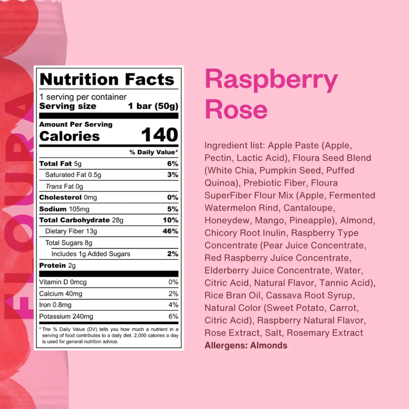 Floura Raspberry Rose Fiber Bar, 1.8oz