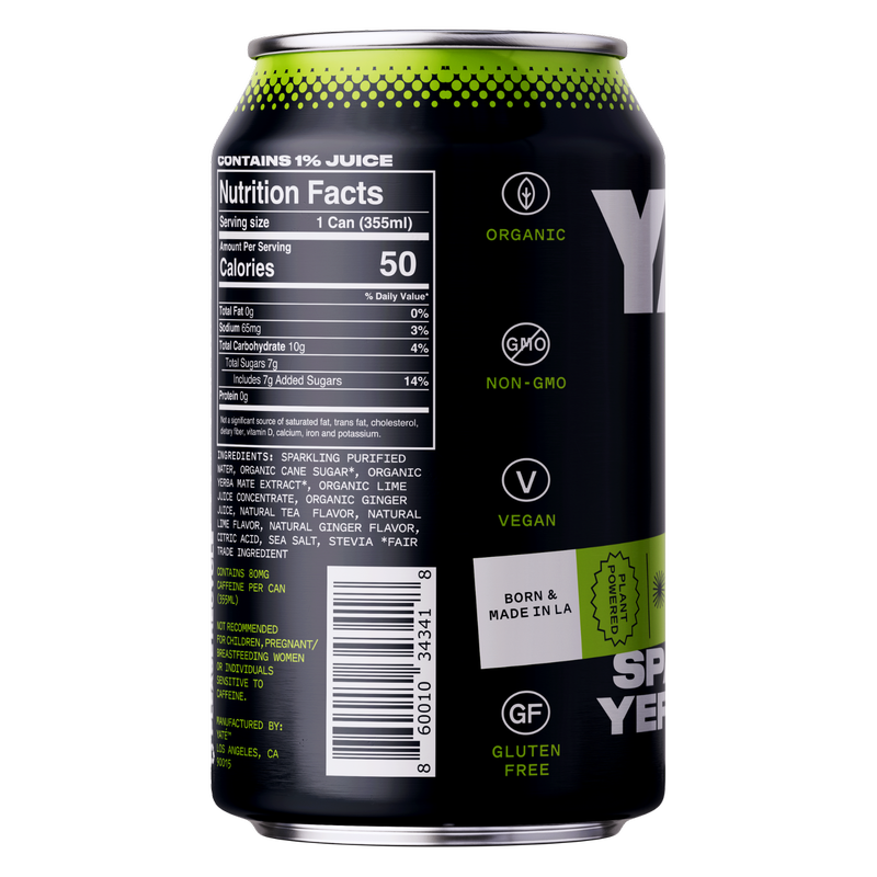 YATE Organic Sparkling Yerba Mate Tea Sub-Lime Ginger 12oz Can