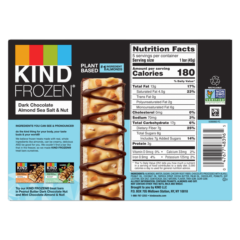 KIND FROZEN Dark Chocolate Almond Sea Salt & Nut Plant Based Frozen Treat Bars, 5 Pack, 1.6 Oz Bars