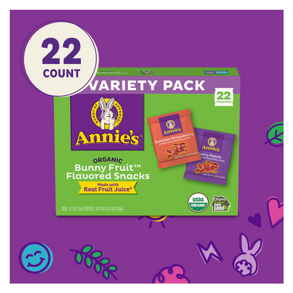 Annie's Organic Bunny Fruit Snacks, Variety Pack, Gluten Free, 22 ct