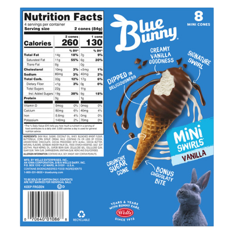 Blue Bunny Mini Swirls Vanilla Cones, Frozen Dessert, 8 Pack
