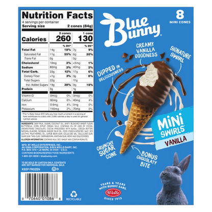 Blue Bunny Mini Swirls Vanilla Cones, Frozen Dessert, 8 Pack