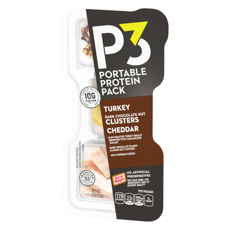 P3 Portable Protein Snack Pack with Dark Chocolate Almond Nut Clusters, Turkey & Cheddar Cheese - 2oz