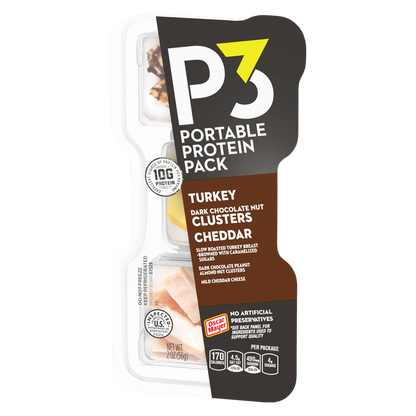 P3 Portable Protein Snack Pack with Dark Chocolate Almond Nut Clusters, Turkey & Cheddar Cheese - 2oz