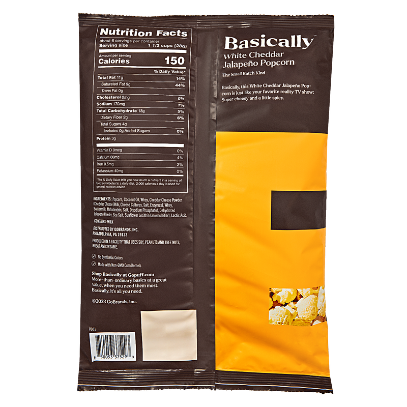 Basically Premium White Cheddar Jalapeño Small Batch Popcorn 6 oz.