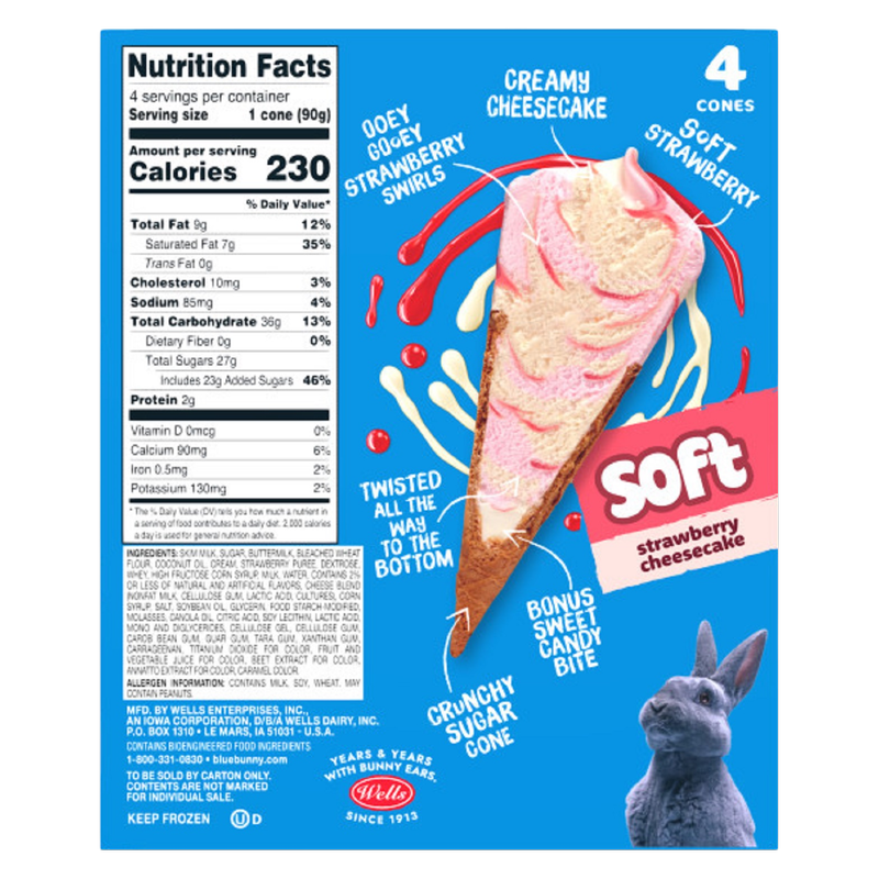 Blue Bunny Strawberry Cheesecake Soft Cones, Frozen Dessert, 4 Pack
