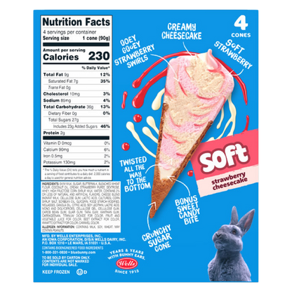 Blue Bunny Strawberry Cheesecake Soft Cones, Frozen Dessert, 4 Pack