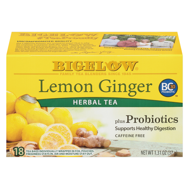 Bigelow Tea Lemon Ginger Plus Probiotic Caffeine Free Herbal Tea Bags 18ct Box