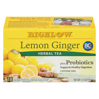Bigelow Tea Lemon Ginger Plus Probiotic Caffeine Free Herbal Tea Bags 18ct Box