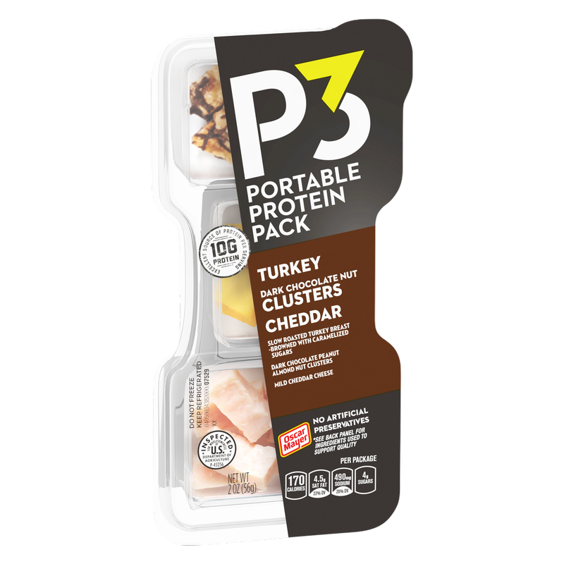 P3 Portable Protein Snack Pack with Dark Chocolate Almond Nut Clusters, Turkey & Cheddar Cheese - 2oz