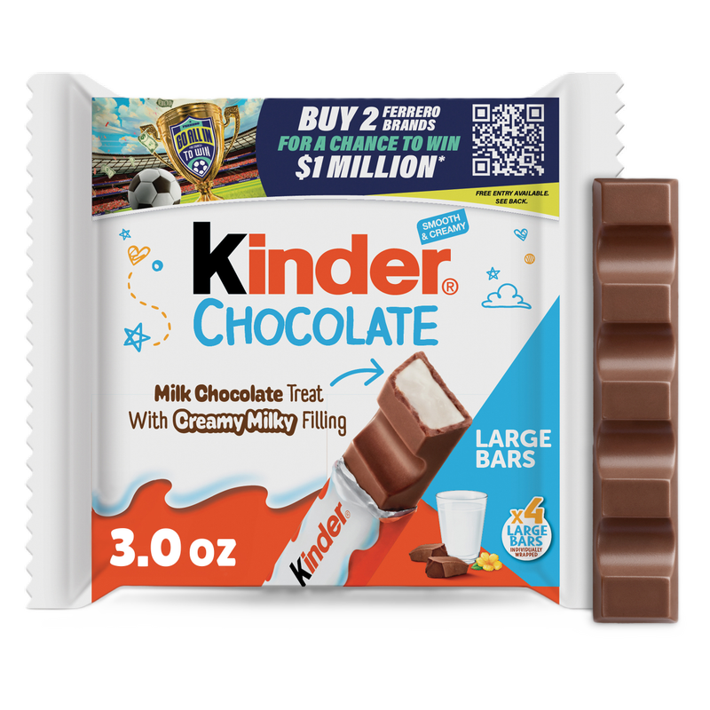 Kinder Chocolate, 4 Large Bars, Milk Chocolate Bar with Creamy Milky Filling, Individually Wrapped Candy, 3 oz Total