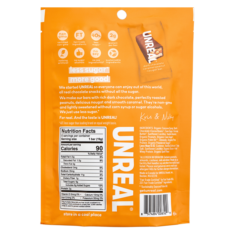 Unreal Dark Chocolate Caramel Peanut Nougat Bars 3.4oz