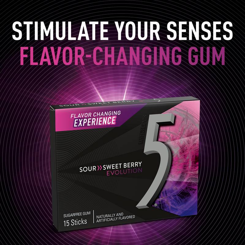 5 GUM Evolution Sour to Sweet Berry Sugar Free Chewing Gum, 15-Stick Pack