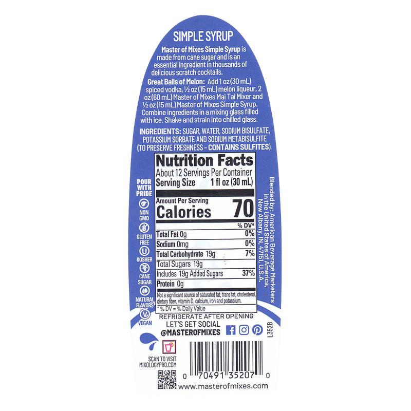 Master of Mixes Simple Syrup 375ml Btl