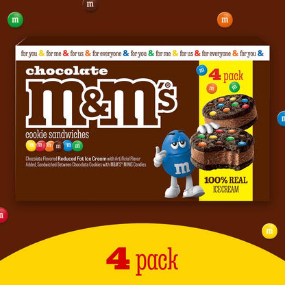M&M'S Ice Cream Chocolate Cookie Sandwiches, Reduced Fat Chocolate Ice Cream Dessert Cookie Sandwich, 4ct
