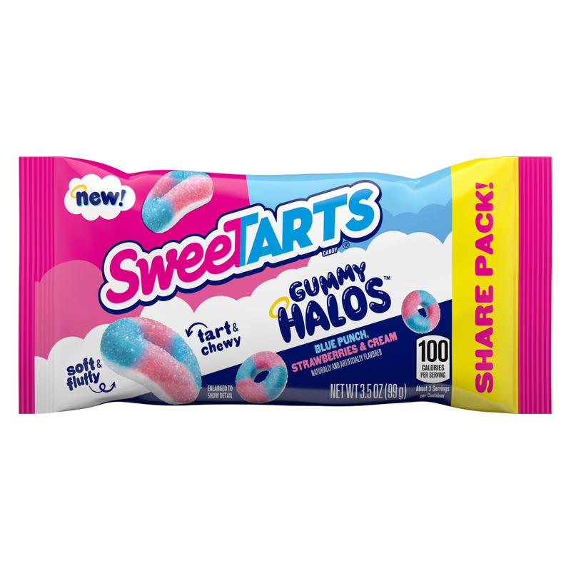 SweeTARTS Gummy Halos, Candy, Blue Punch and Strawberries and Cream, Tart and Chewy, Soft and Fluffy, 3.5 oz