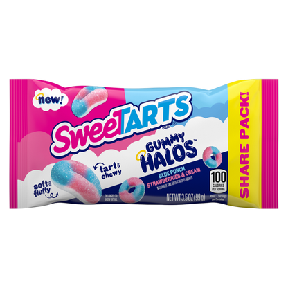 SweeTARTS Gummy Halos, Candy, Blue Punch and Strawberries and Cream, Tart and Chewy, Soft and Fluffy, 3.5 oz