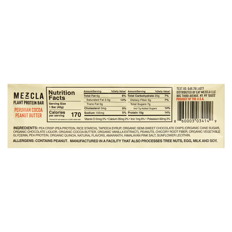Mezcla Peruvian Cocoa Peanut Butter Plant Protein Bar 1.4oz