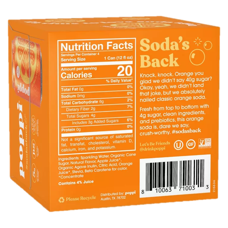 Poppi Prebiotic Soda Orange 4pk 12oz Can- XL
