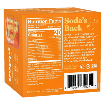 Poppi Prebiotic Soda Orange 4pk 12oz Can- XL