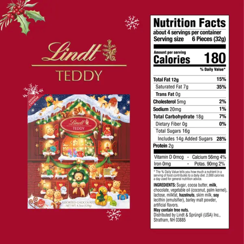 Lindt Holiday Teddy Assorted Chocolate Candy Advent Calendar, 4.5 oz.