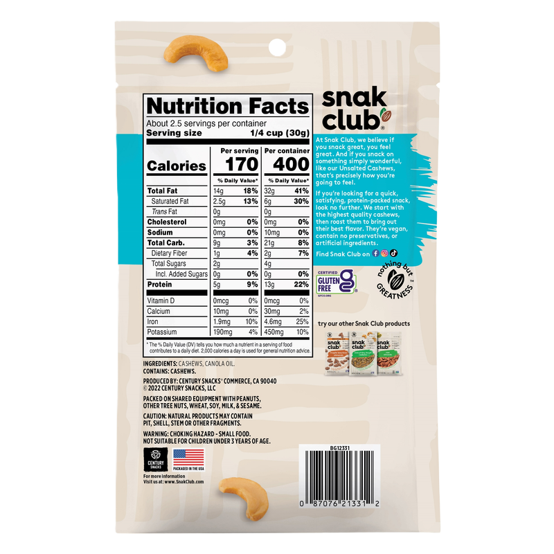 Snak Club Roasted Unsalted Cashews , 4.1oz