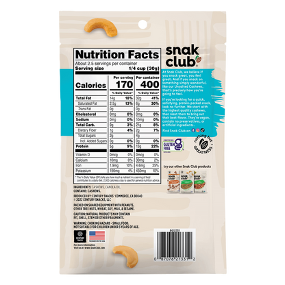 Snak Club Roasted Unsalted Cashews , 4.1oz