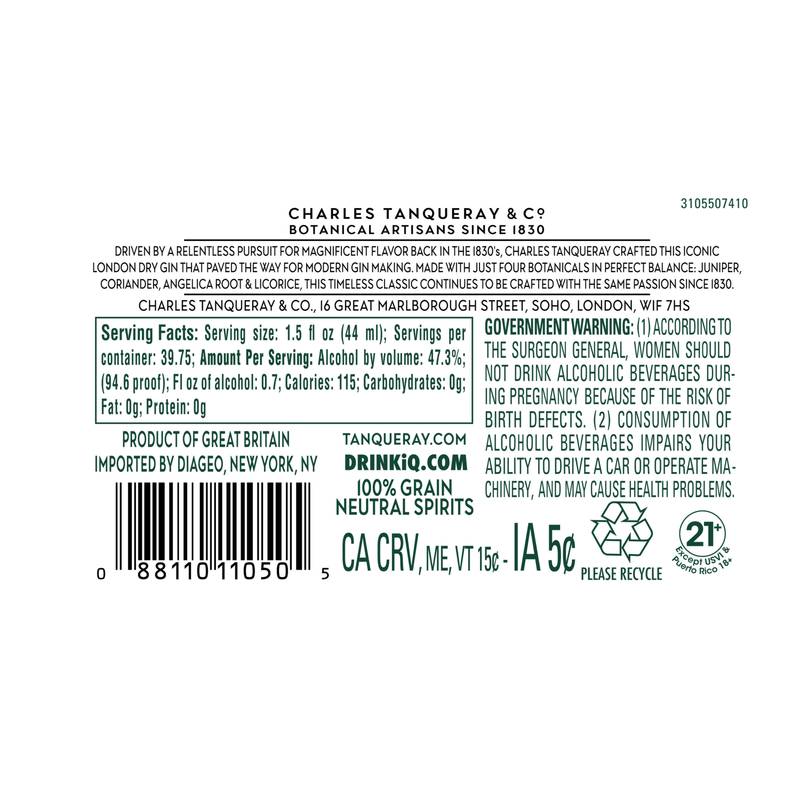 Tanqueray London Dry Gin, 1.75 L (94.6 Proof)