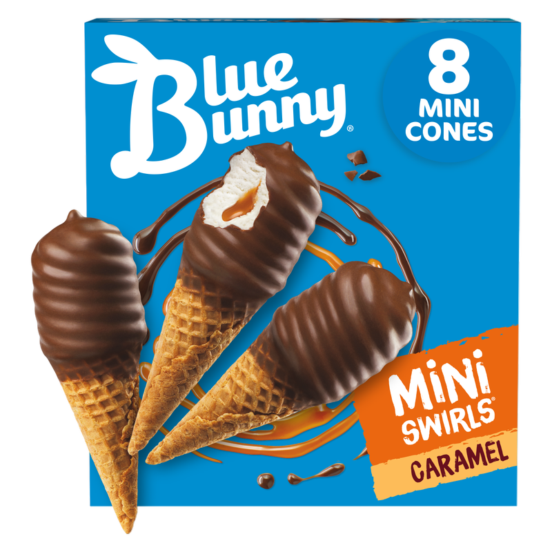 Blue Bunny Mini Swirls Caramel Cones, Frozen Dessert, 8 Pack