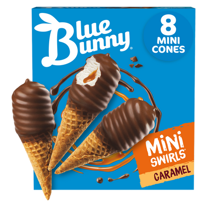 Blue Bunny Mini Swirls Caramel Cones, Frozen Dessert, 8 Pack