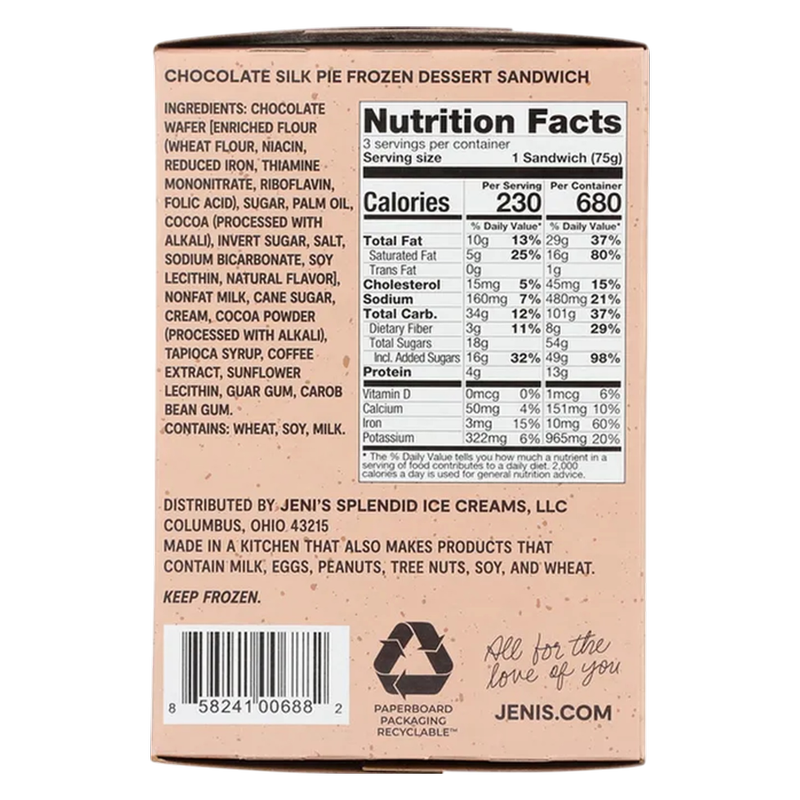 Jeni's Chocolate Silk Pie Ice Cream Sandwiches 3ct