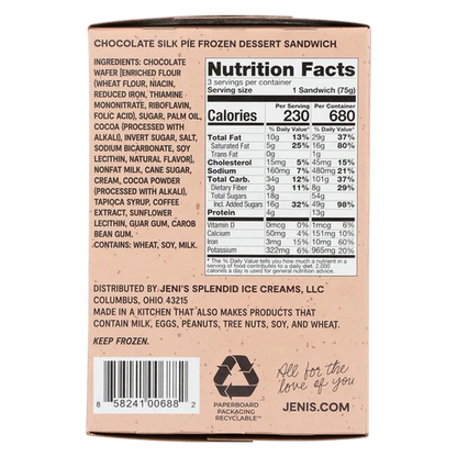 Jeni's Chocolate Silk Pie Ice Cream Sandwiches 3ct