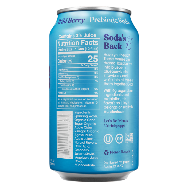 Poppi Prebiotic Soda Wild Berry 12oz Can