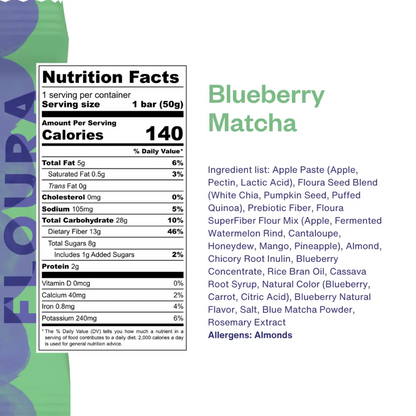 Floura Blueberry Matcha Fruit Crush Fiber Bar, 1.8oz