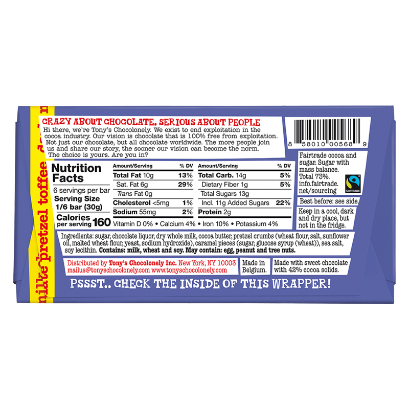 Tony's Chocolonely 42% Dark Milk Chocolate with Pretzel and Toffee Bar 6.35oz