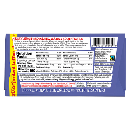 Tony's Chocolonely 42% Dark Milk Chocolate with Pretzel and Toffee Bar 6.35oz