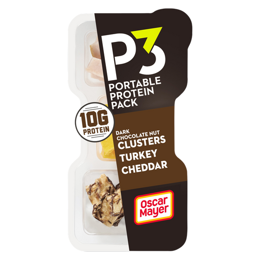 P3 Portable Protein Snack Pack with Dark Chocolate Almond Nut Clusters, Turkey & Cheddar Cheese - 2oz