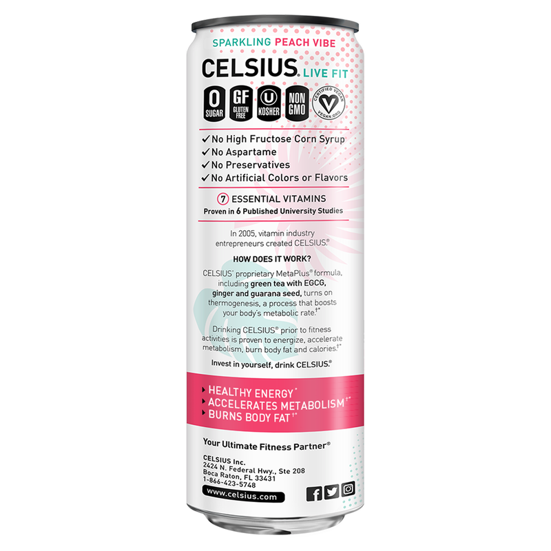 CELSIUS Sparkling Peach Vibe Essential Energy Drink 12oz Can