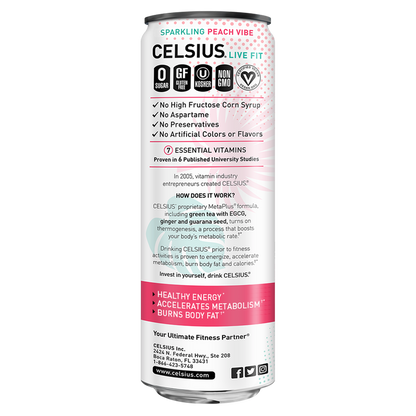 CELSIUS Sparkling Peach Vibe Essential Energy Drink 12oz Can